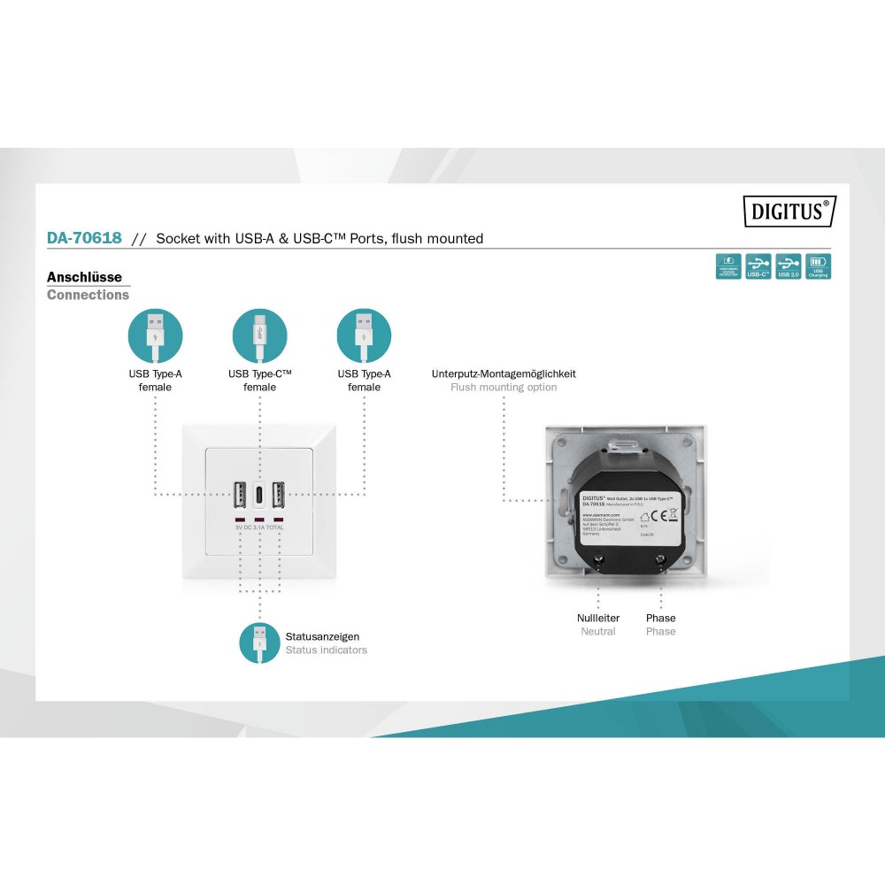 Sienas lādētājs 2xUSB-A / 1xUSB-C / Z/A / 5V 3.1 A // ar uzlādes ...